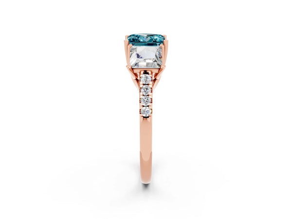 Rose gold Three-Stone Princess Cut Blue Topaz Ring with Round  Pavé Band and Prong Setting