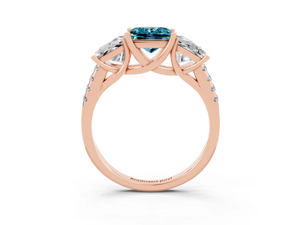 Rose gold Three-Stone Princess Cut Blue Topaz Ring with Round  Pavé Band and Prong Setting