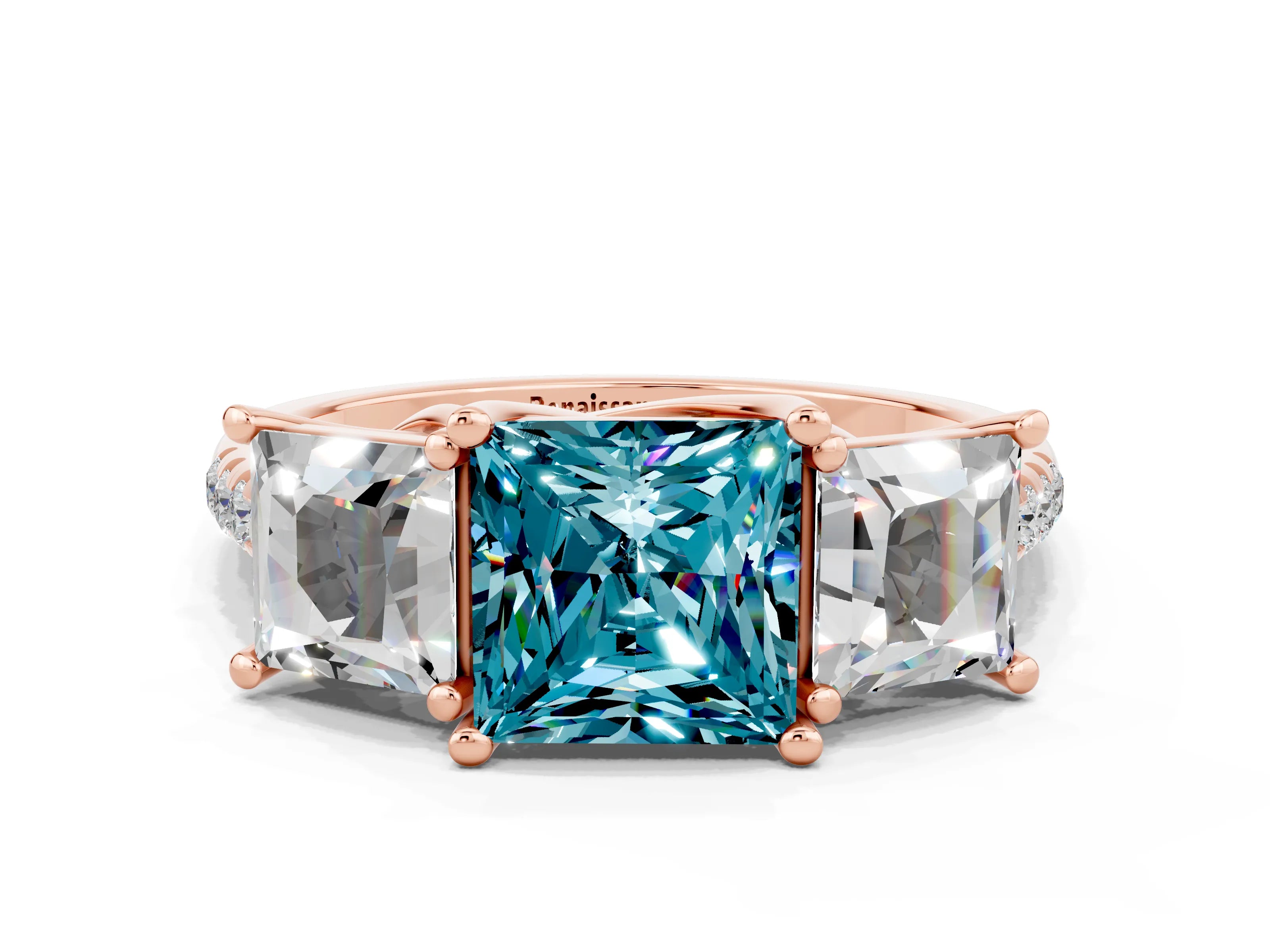 Rose gold Three-Stone Princess Cut Blue Topaz Ring with Round  Pavé Band and Prong Setting_24