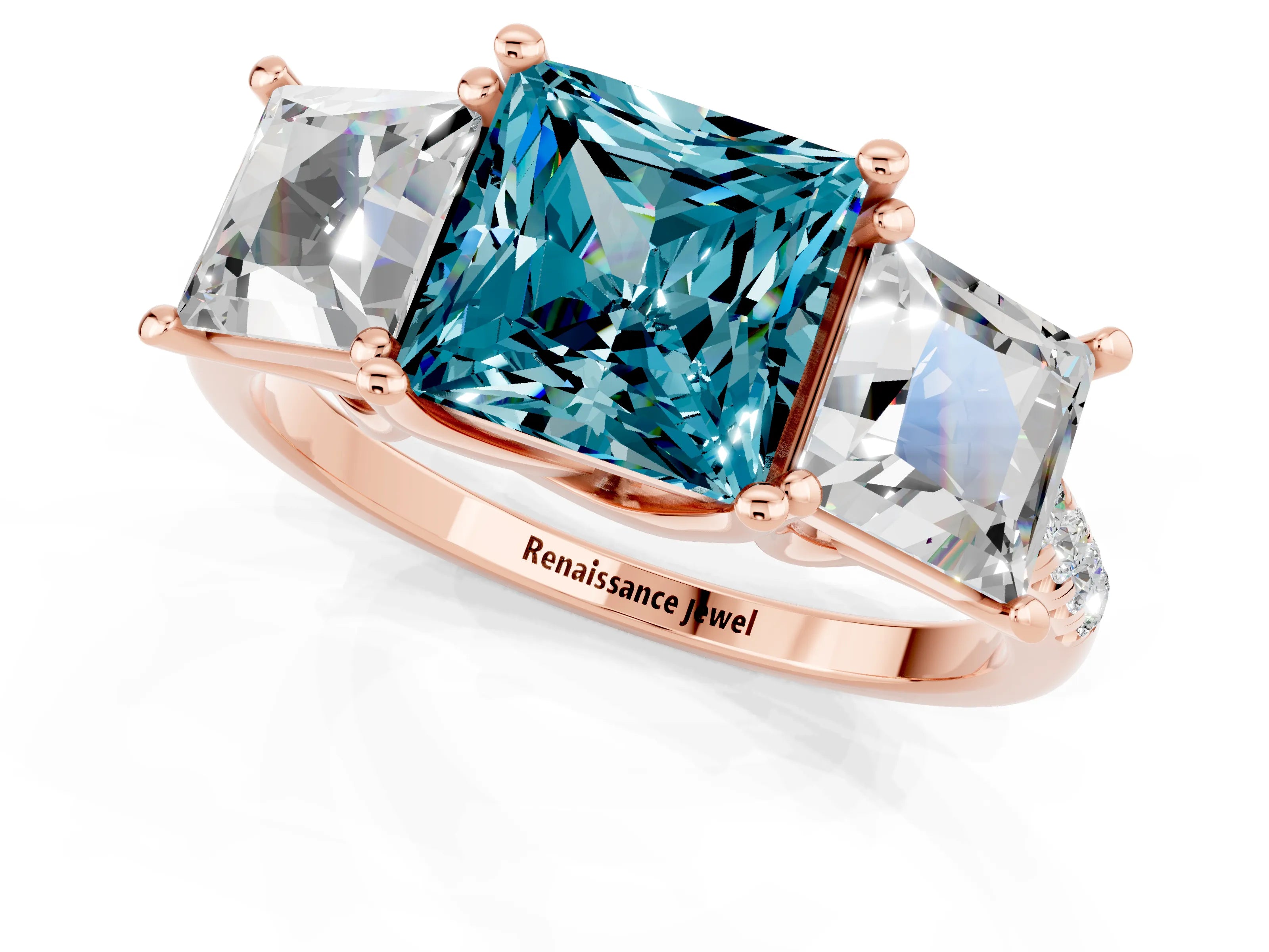 Rose gold Three-Stone Princess Cut Blue Topaz Ring with Round  Pavé Band and Prong Setting_25