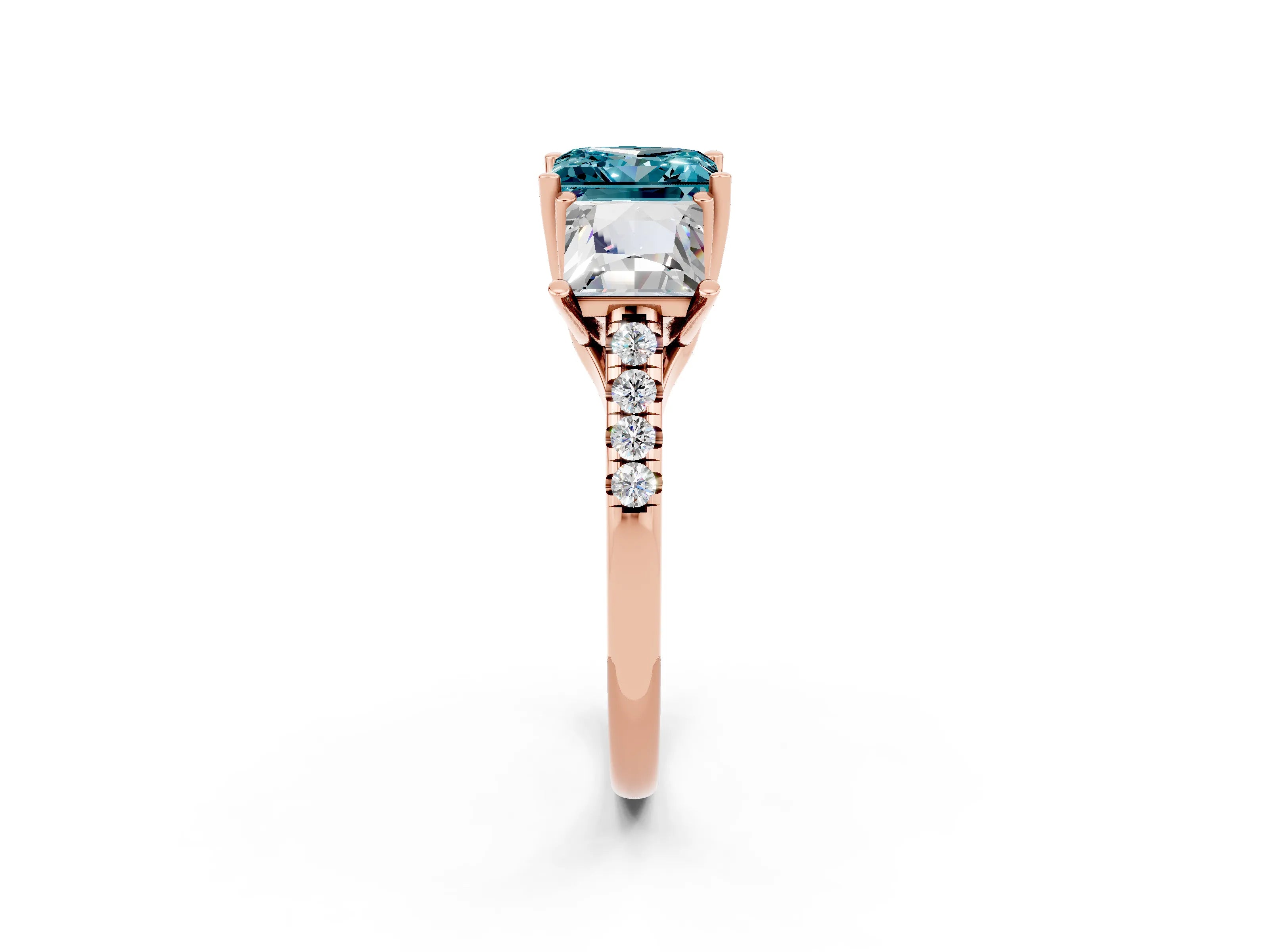 Rose gold Three-Stone Princess Cut Blue Topaz Ring with Round  Pavé Band and Prong Setting_26