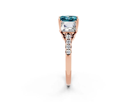 Rose gold Three-Stone Princess Cut Blue Topaz Ring with Round  Pavé Band and Prong Setting_26