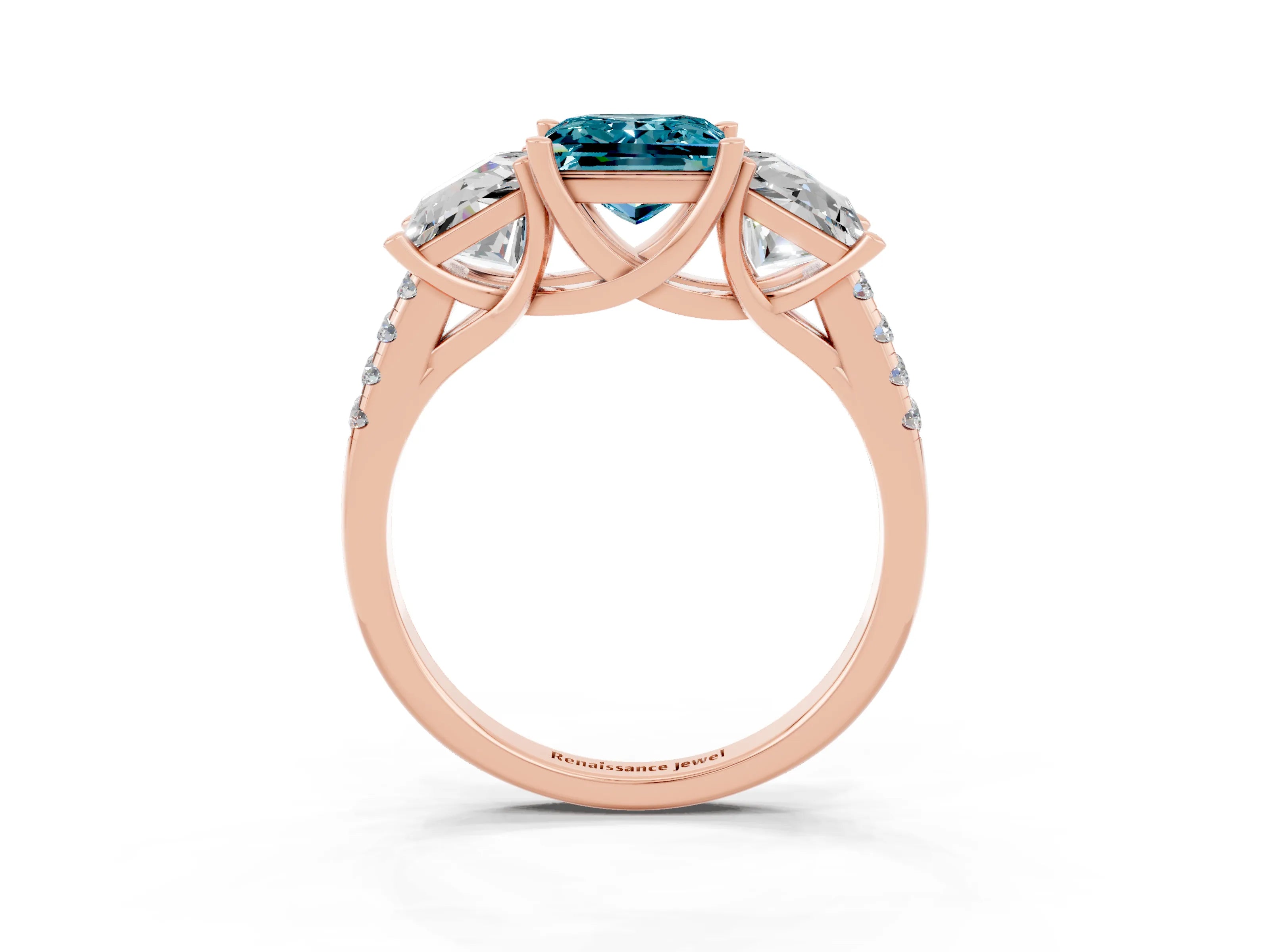 Rose gold Three-Stone Princess Cut Blue Topaz Ring with Round  Pavé Band and Prong Setting_27