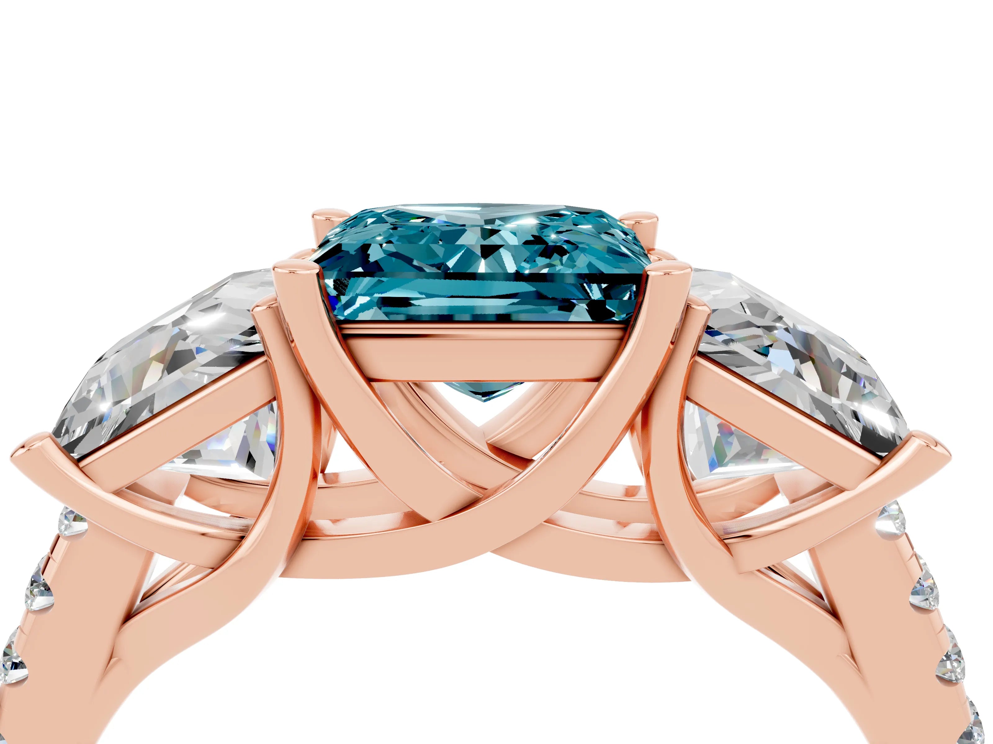 Rose gold Three-Stone Princess Cut Blue Topaz Ring with Round  Pavé Band and Prong Setting_28