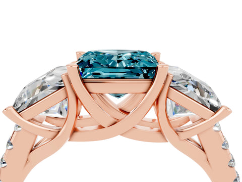 Rose gold Three-Stone Princess Cut Blue Topaz Ring with Round  Pavé Band and Prong Setting_28
