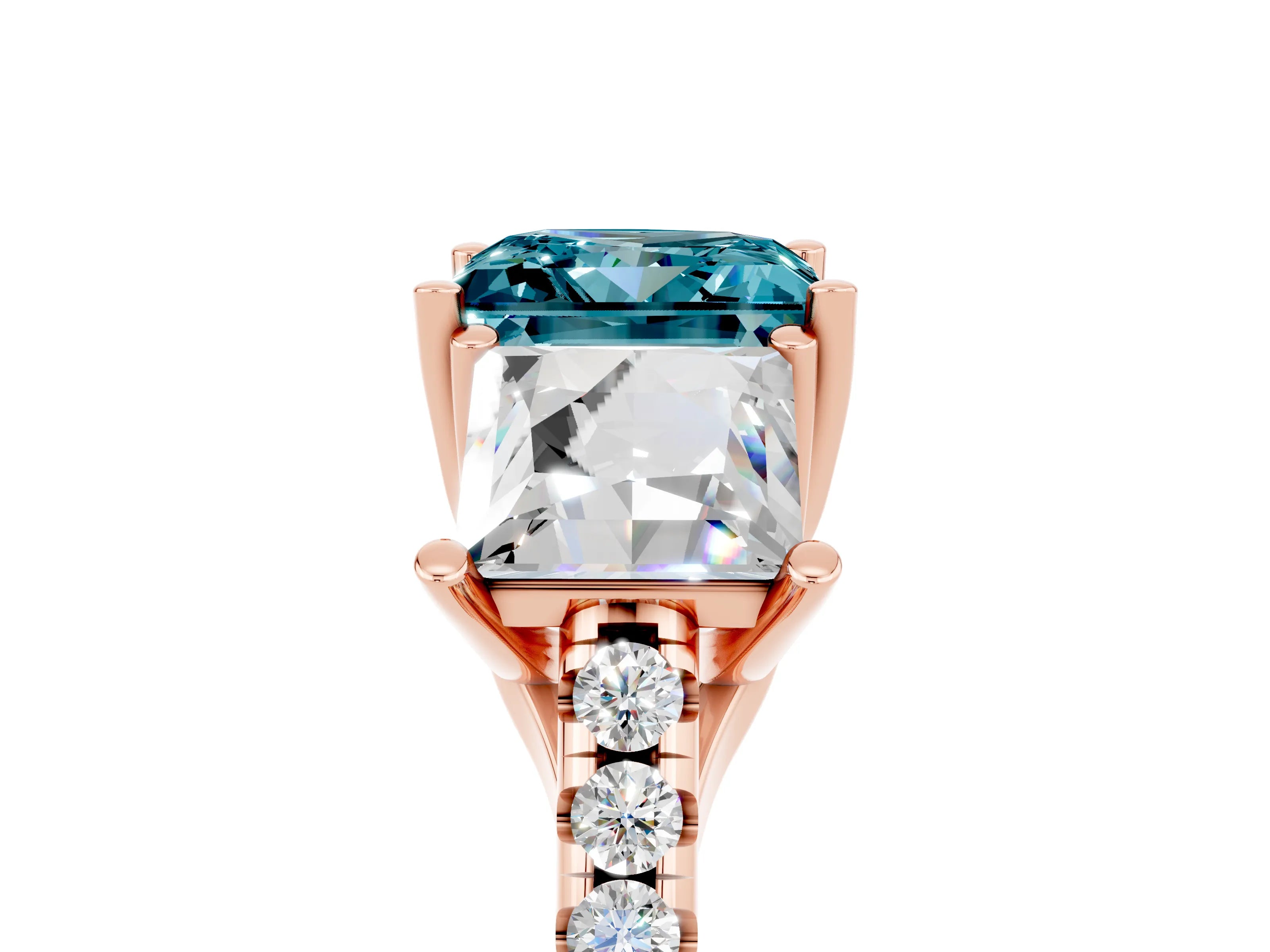 Rose gold Three-Stone Princess Cut Blue Topaz Ring with Round  Pavé Band and Prong Setting_29