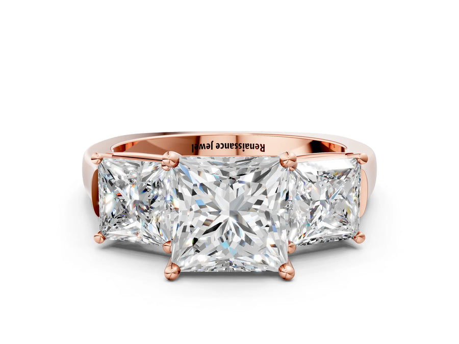 Rose gold Three-Stone Princess Cut Brilliant Diamond Trellis Ring with Comfort Fit Band