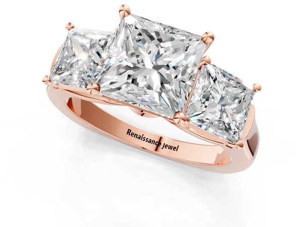 Rose gold Three-Stone Princess Cut Brilliant Diamond Trellis Ring with Comfort Fit Band