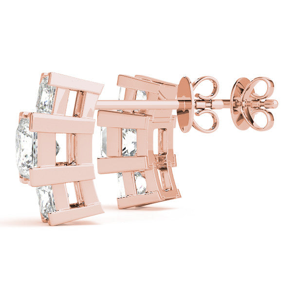 Rose gold Three-Stone Princess Cut Channel Set Earrings with Bar Prong Setting 1