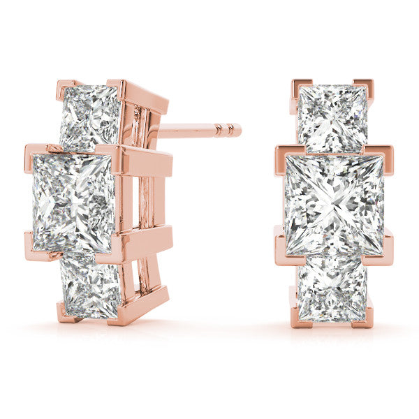 Rose gold Three-Stone Princess Cut Channel Set Earrings with Bar Prong Setting 2