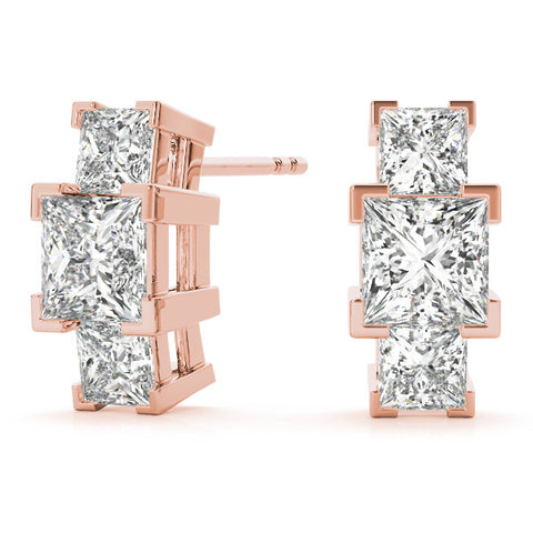 Rose gold Three-Stone Princess Cut Channel Set Earrings with Bar Prong Setting 2