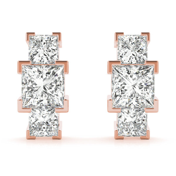 Rose gold Three-Stone Princess Cut Channel Set Earrings with Bar Prong Setting