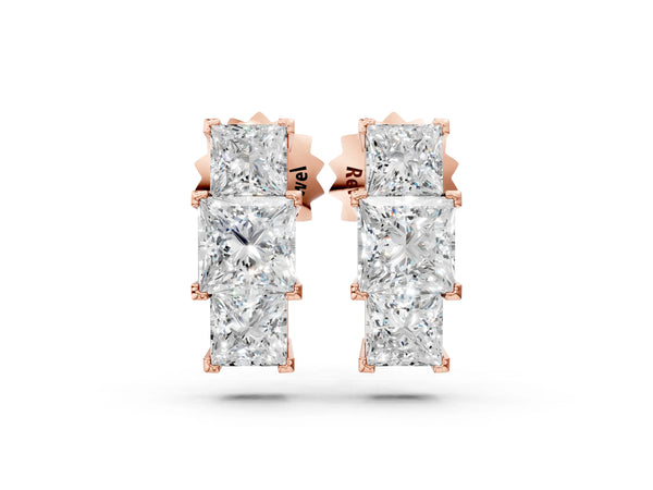 Rose gold Three-Stone Princess Cut Channel Set Earrings with Bar Prong Setting