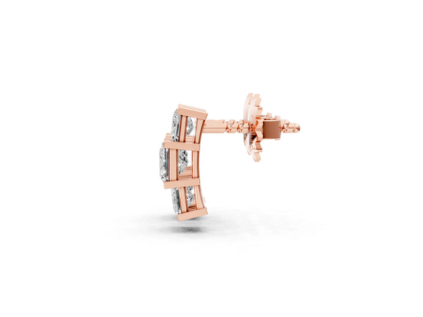 Rose gold Three-Stone Princess Cut Channel Set Earrings with Bar Prong Setting