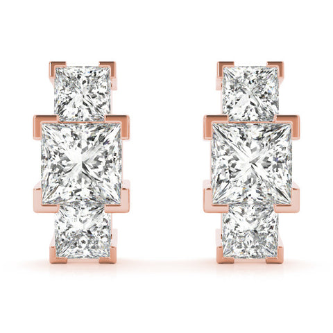 Rose gold Three-Stone Princess Cut Channel Set Earrings with Bar Prong Setting