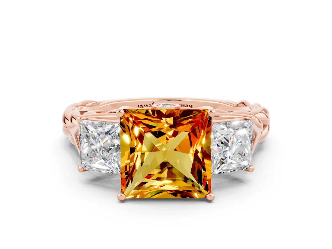 Rose gold Three-Stone Princess Cut Citrine Braided Band Ring with Four-Prong Setting_12