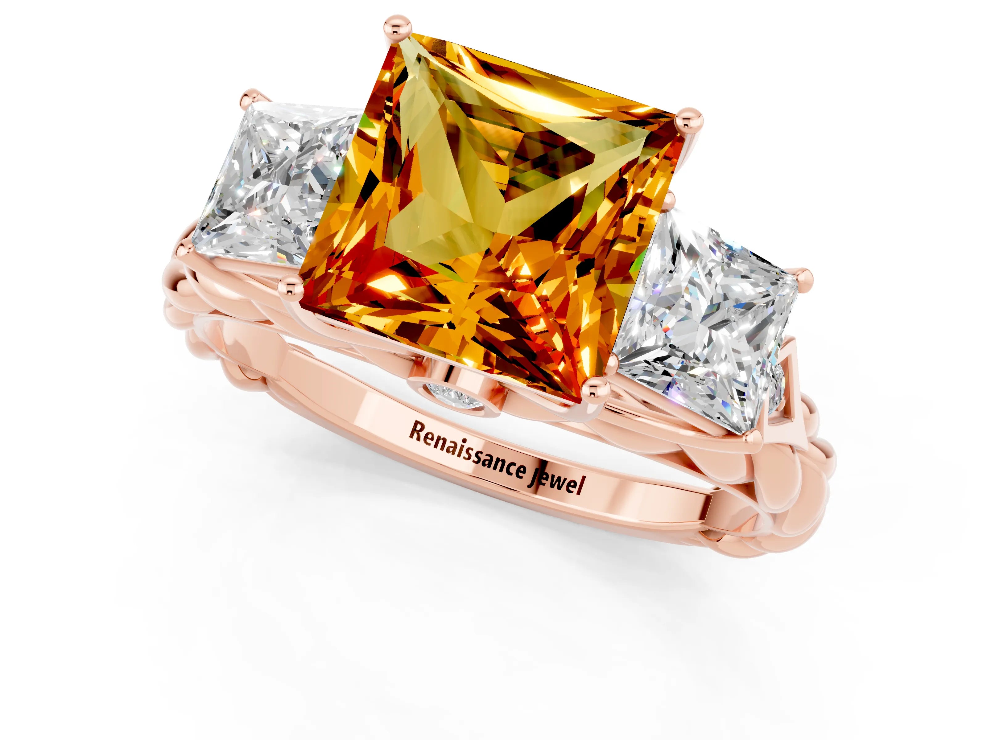 Rose gold Three-Stone Princess Cut Citrine Braided Band Ring with Four-Prong Setting_13