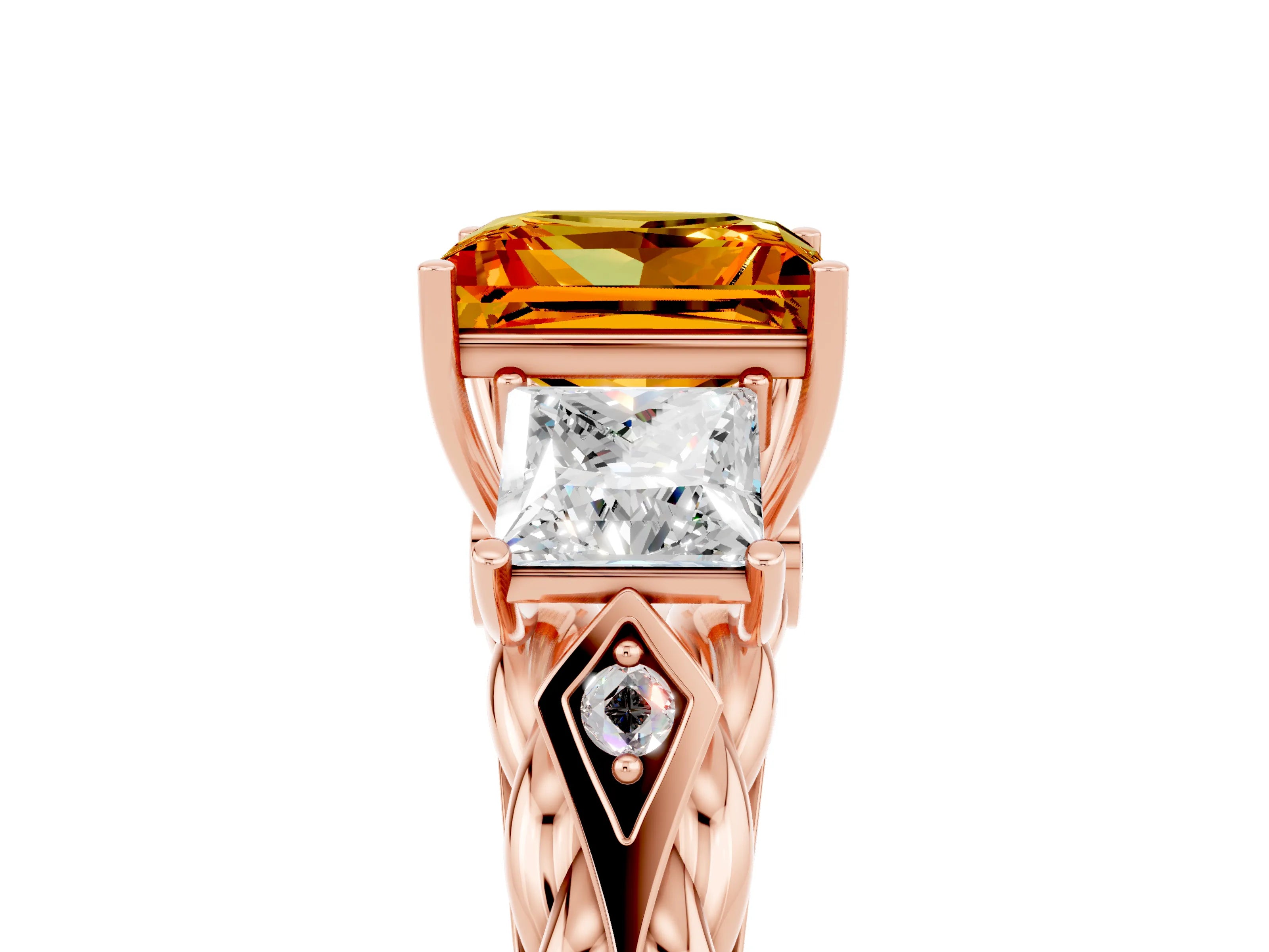 Rose gold Three-Stone Princess Cut Citrine Braided Band Ring with Four-Prong Setting_17