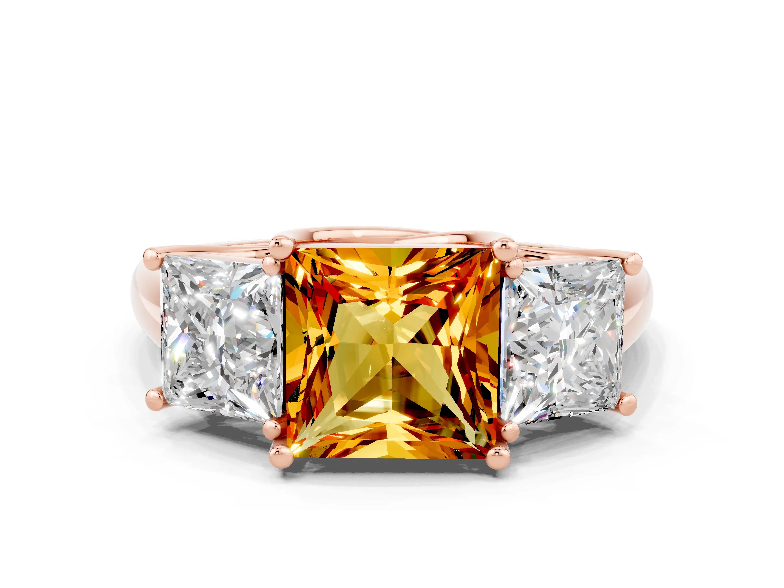 Rose gold Three-Stone Princess Cut Citrine Engagement Ring with Prong Setting