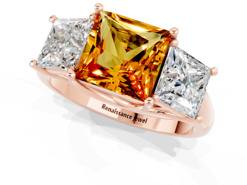 Rose gold Three-Stone Princess Cut Citrine Engagement Ring with Prong Setting_1