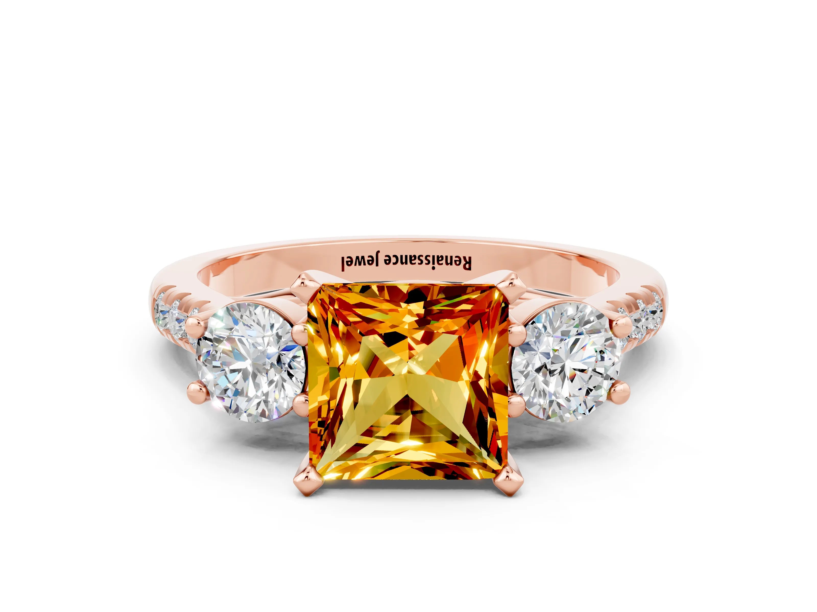 Rose gold Three-Stone Princess Cut Citrine Pavé Band with Four-Prong Setting