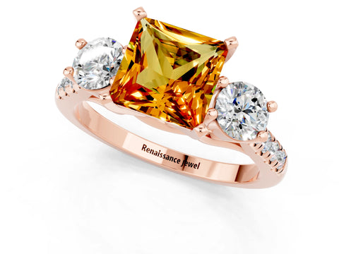 Rose gold Three-Stone Princess Cut Citrine Pavé Band with Four-Prong Setting_1