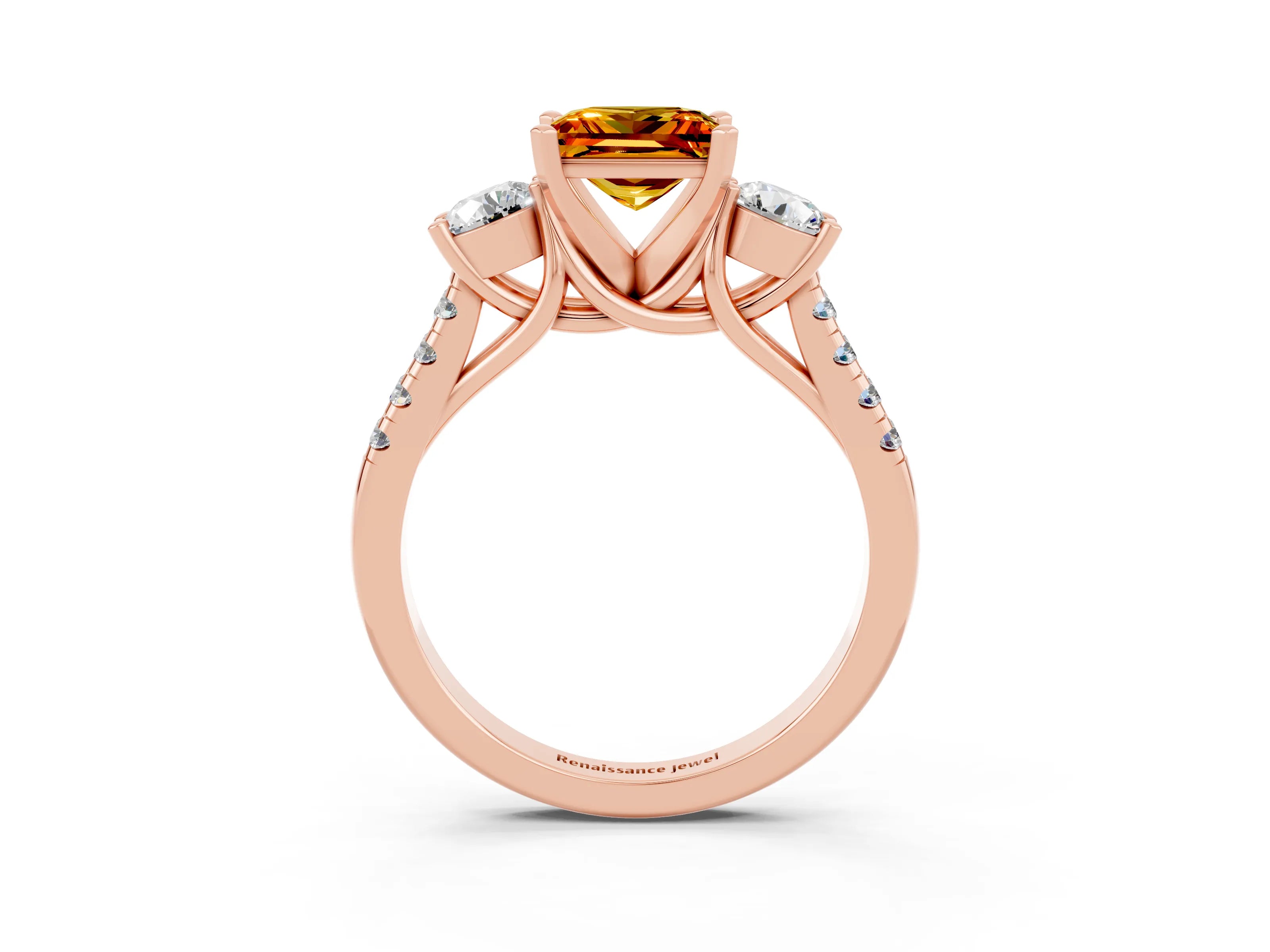Rose gold Three-Stone Princess Cut Citrine Pavé Band with Four-Prong Setting_3