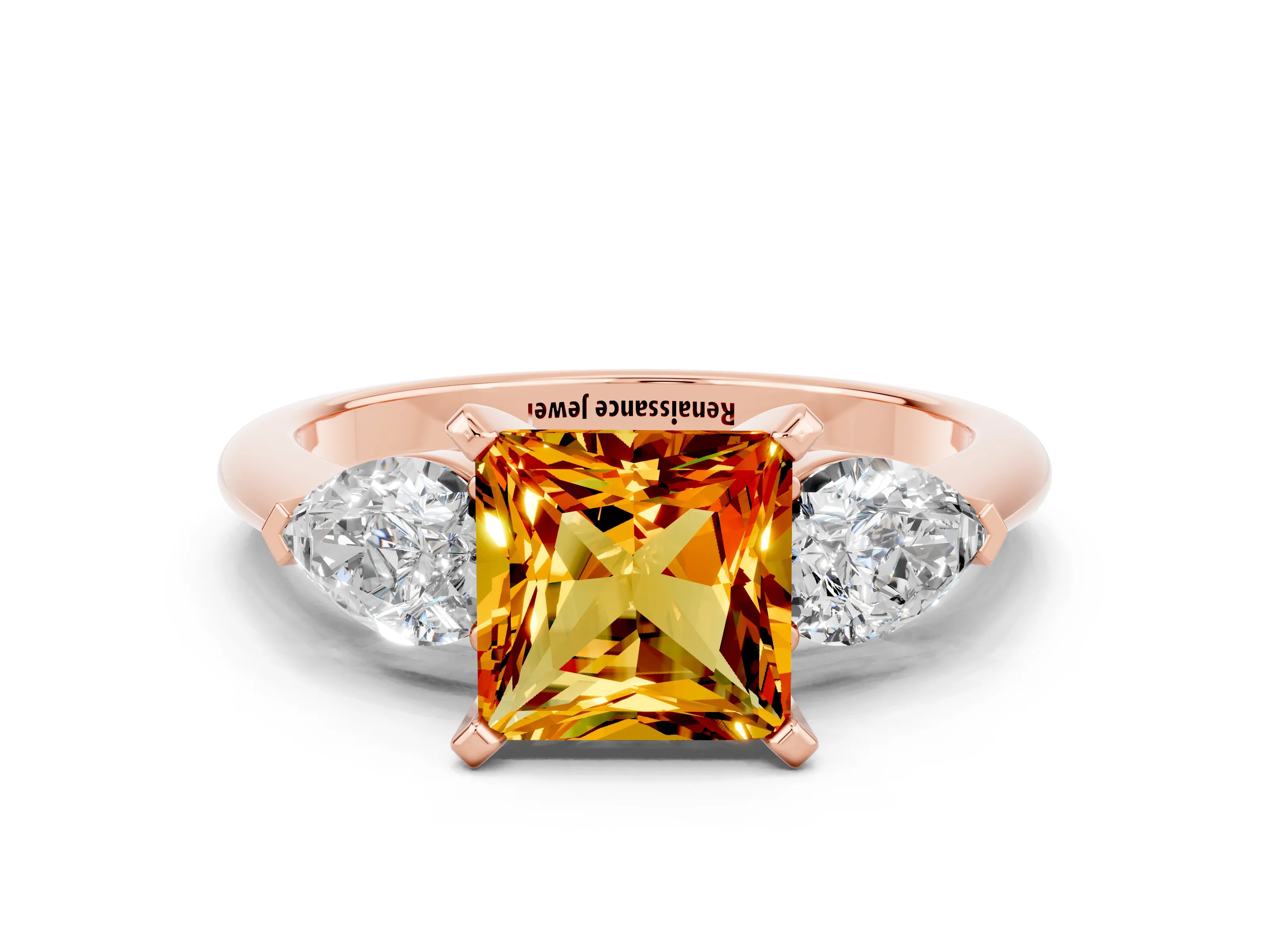 Rose gold Three-Stone Princess Cut Citrine Ring with Pear Side Stones and Four-Prong Setting