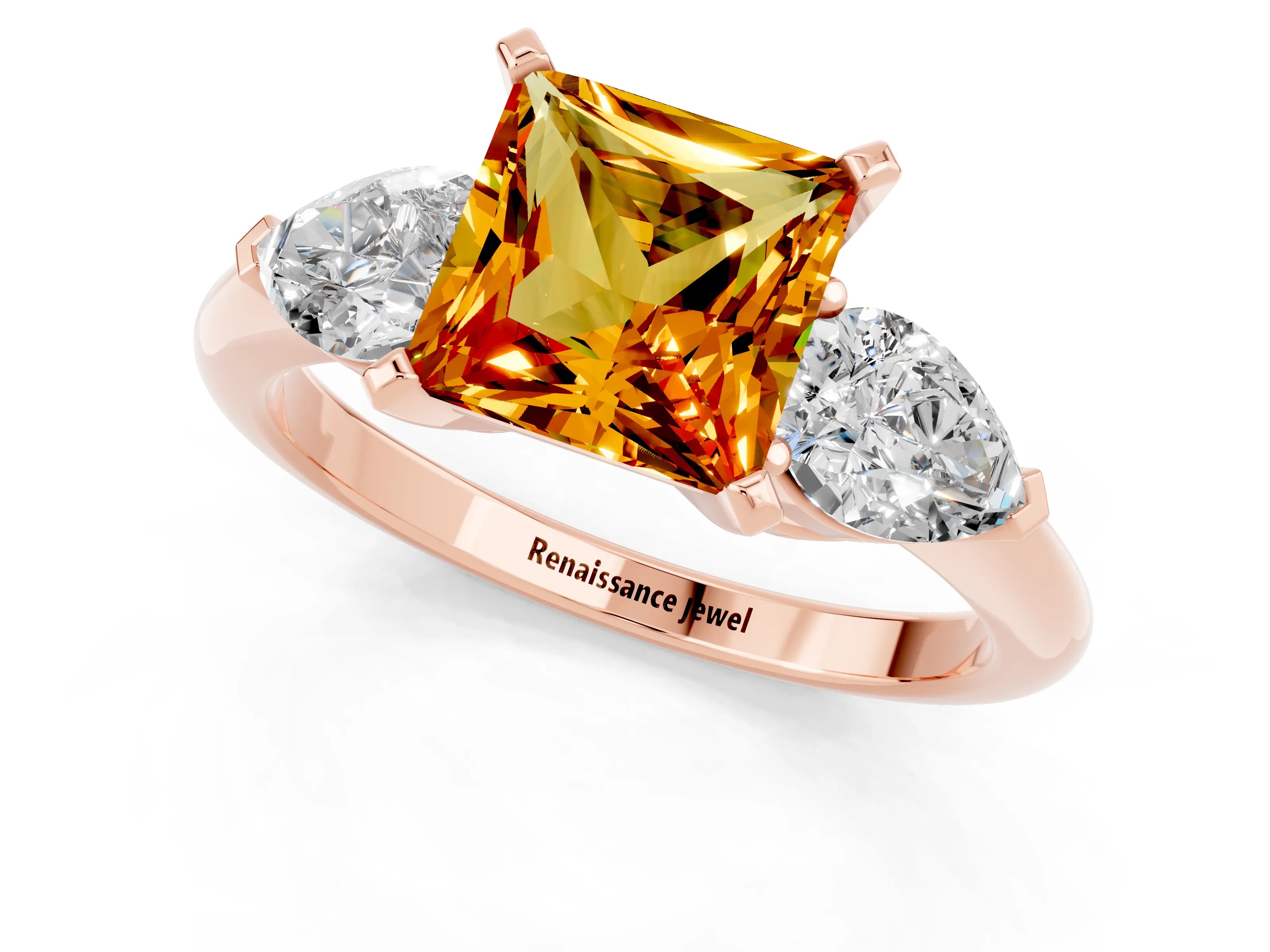 Rose gold Three-Stone Princess Cut Citrine Ring with Pear Side Stones and Four-Prong Setting_1