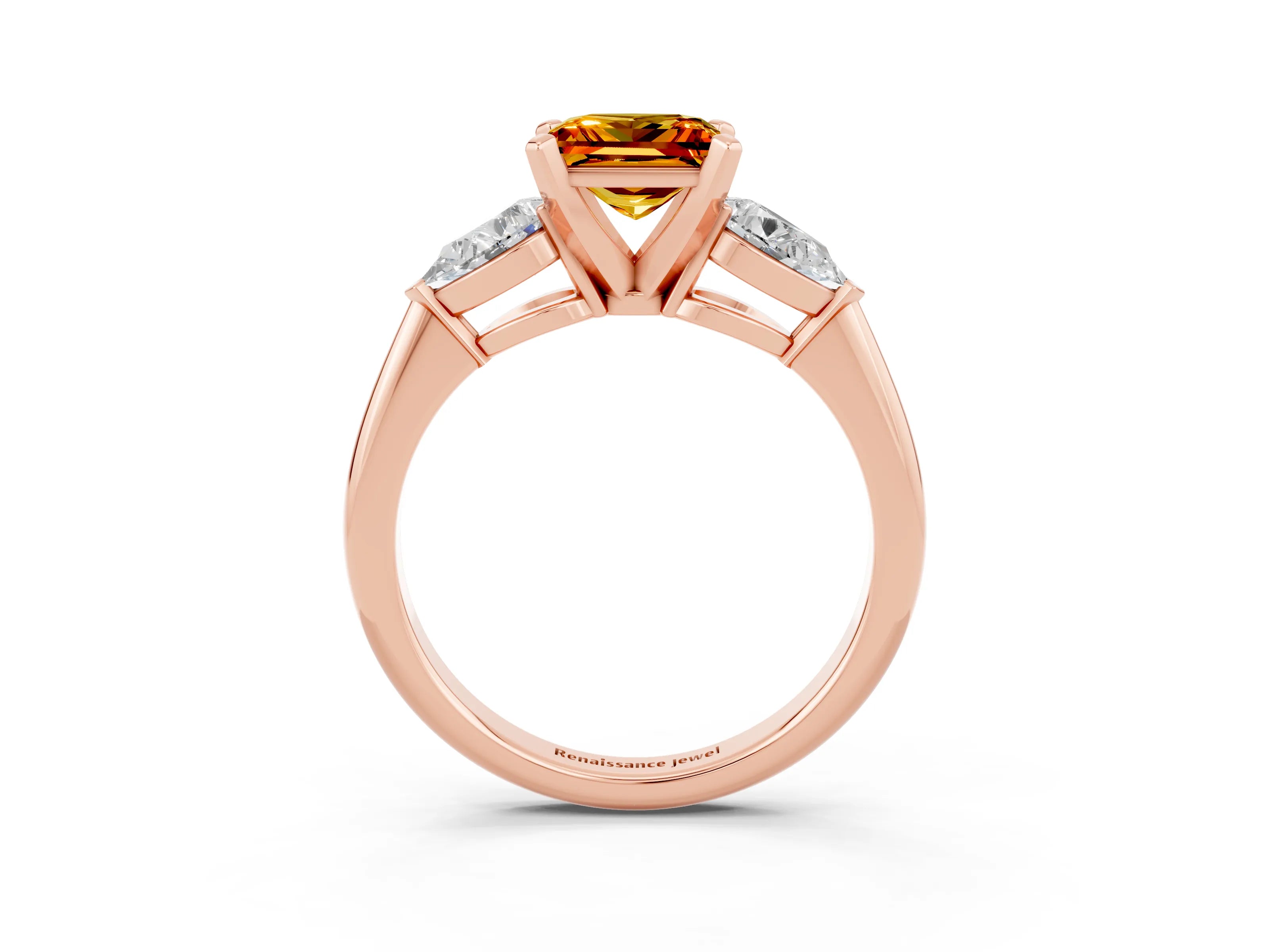 Rose gold Three-Stone Princess Cut Citrine Ring with Pear Side Stones and Four-Prong Setting_3