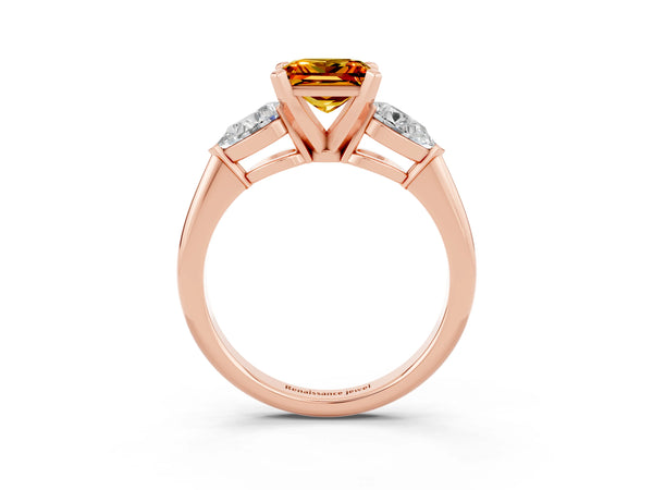 Rose gold Three-Stone Princess Cut Citrine Ring with Pear Side Stones and Four-Prong Setting