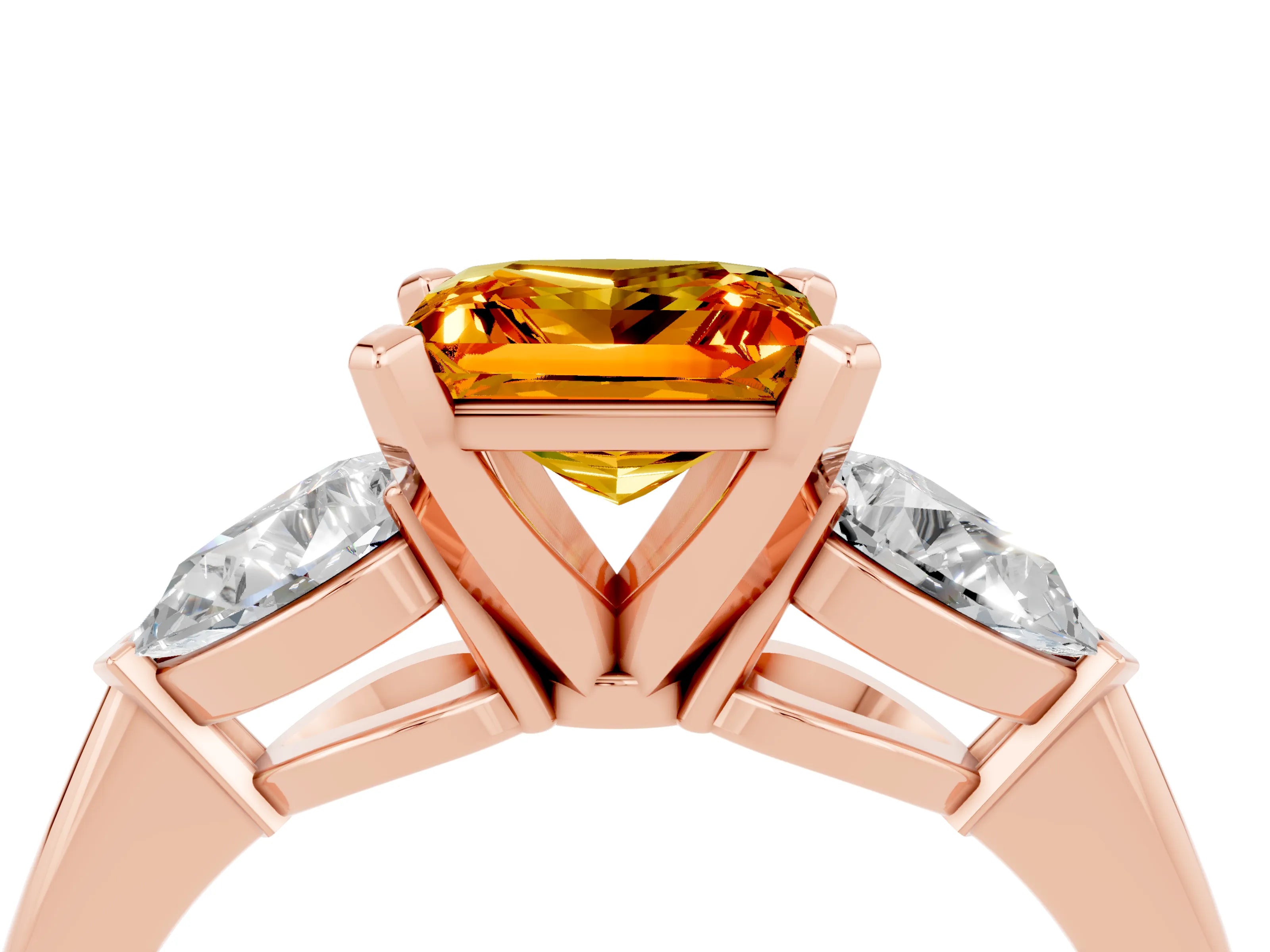 Rose gold Three-Stone Princess Cut Citrine Ring with Pear Side Stones and Four-Prong Setting_4