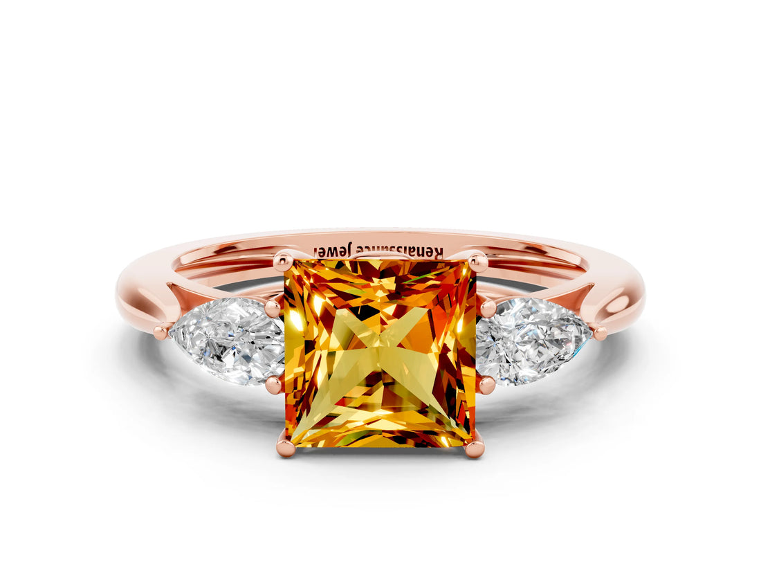 Rose gold Three-Stone Princess Cut Citrine Ring with Pear  Side Stones in Four-Prong Setting_12