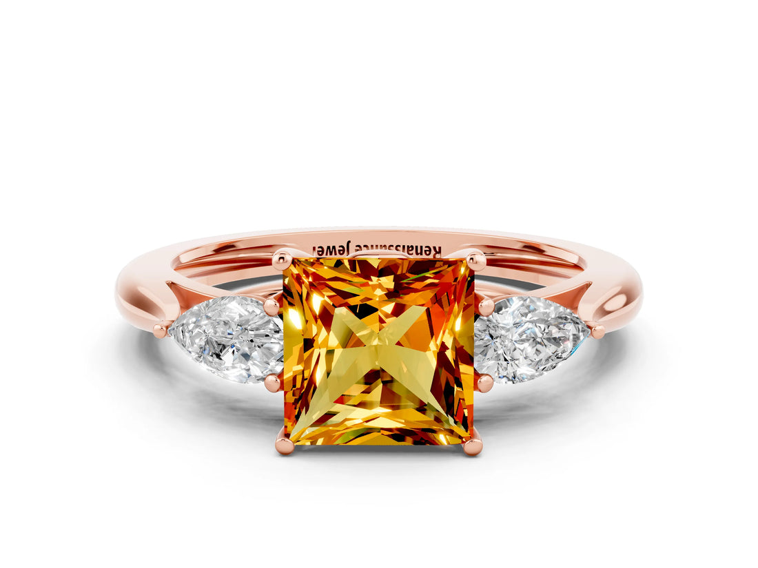 Rose gold Three-Stone Princess Cut Citrine Ring with Pear  Side Stones in Four-Prong Setting_36