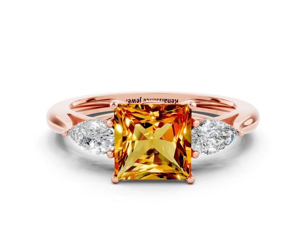 Rose gold Three-Stone Princess Cut Citrine Ring with Pear  Side Stones in Four-Prong Setting