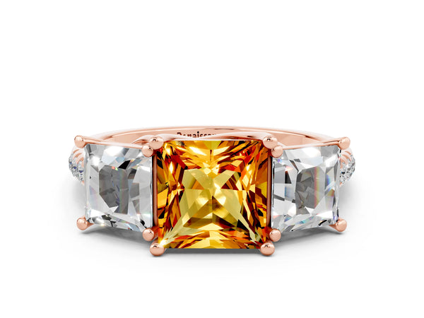 Rose gold Three-Stone Princess Cut Citrine Ring with Round  Pavé Band and Prong Setting