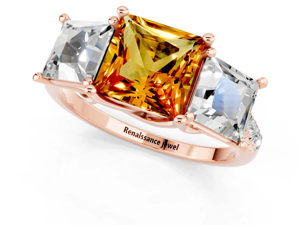 Rose gold Three-Stone Princess Cut Citrine Ring with Round  Pavé Band and Prong Setting