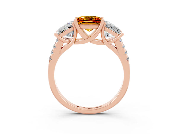 Rose gold Three-Stone Princess Cut Citrine Ring with Round  Pavé Band and Prong Setting
