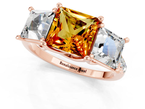 Rose gold Three-Stone Princess Cut Citrine Ring with Round  Pavé Band and Prong Setting_25