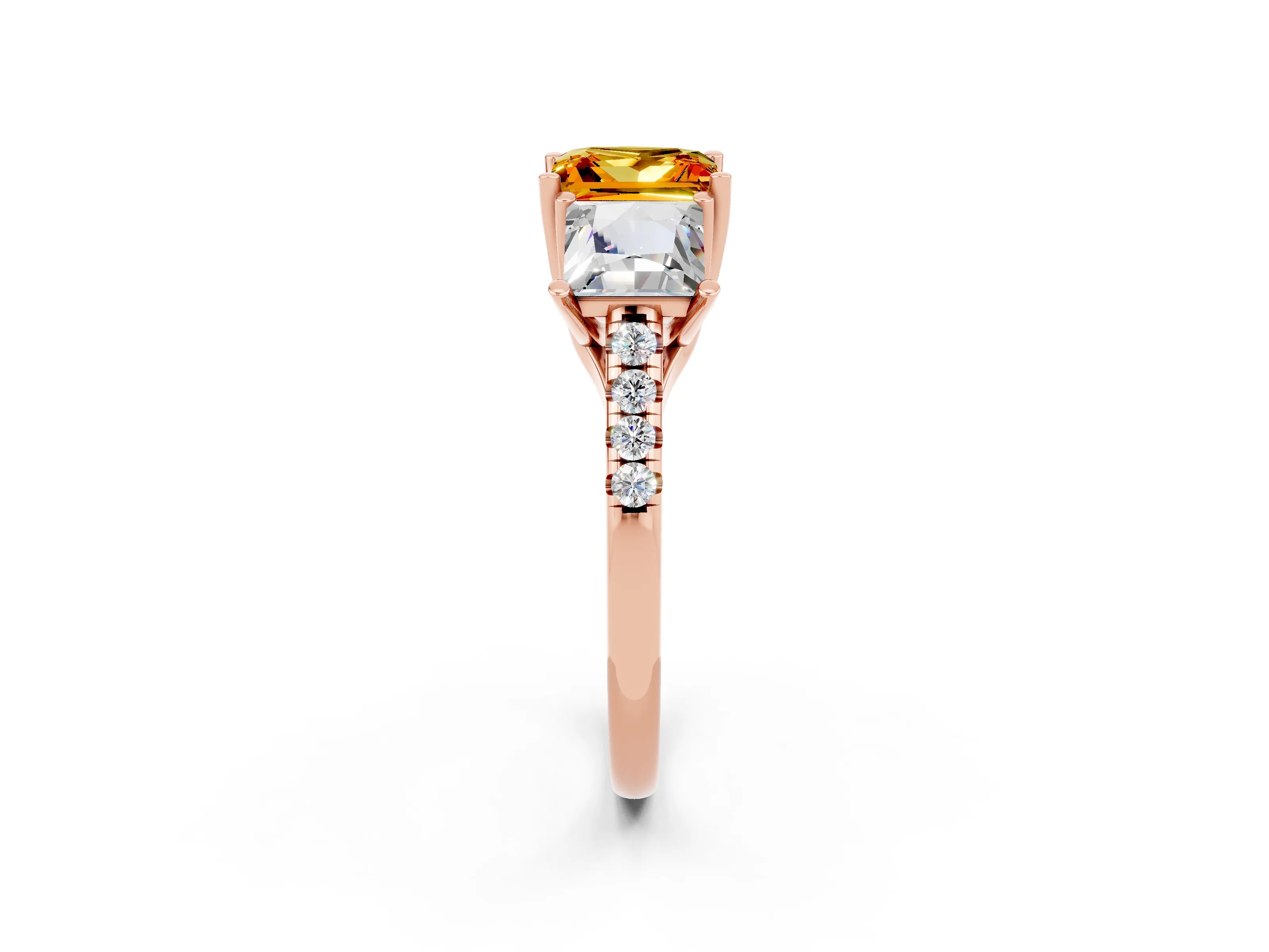 Rose gold Three-Stone Princess Cut Citrine Ring with Round  Pavé Band and Prong Setting_26