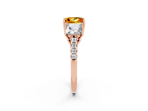 Rose gold Three-Stone Princess Cut Citrine Ring with Round  Pavé Band and Prong Setting