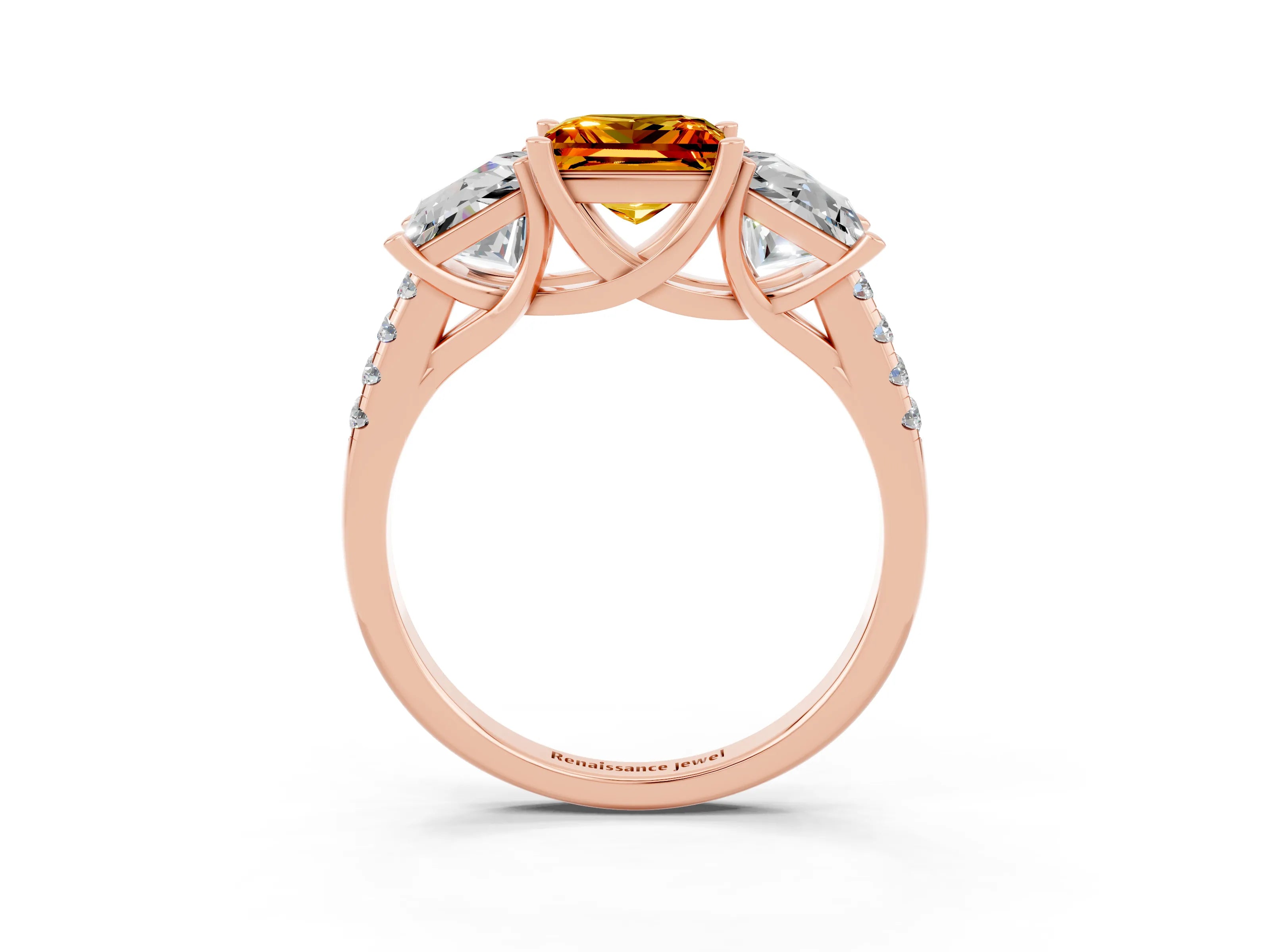 Rose gold Three-Stone Princess Cut Citrine Ring with Round  Pavé Band and Prong Setting_27