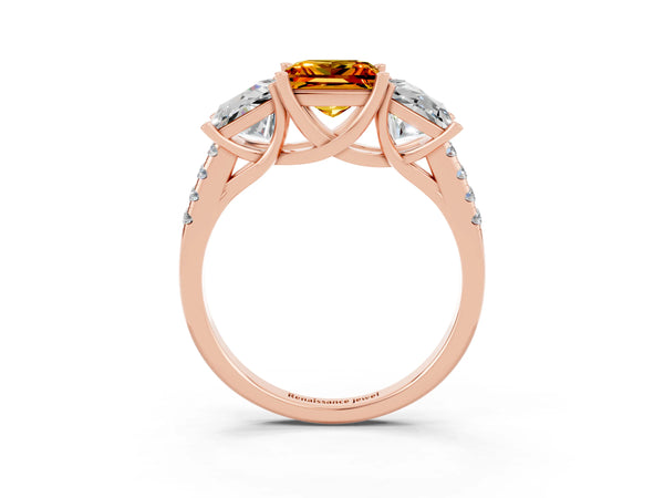 Rose gold Three-Stone Princess Cut Citrine Ring with Round  Pavé Band and Prong Setting