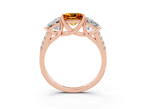 Rose gold Three-Stone Princess Cut Citrine Ring with Round  Pavé Band and Prong Setting_27