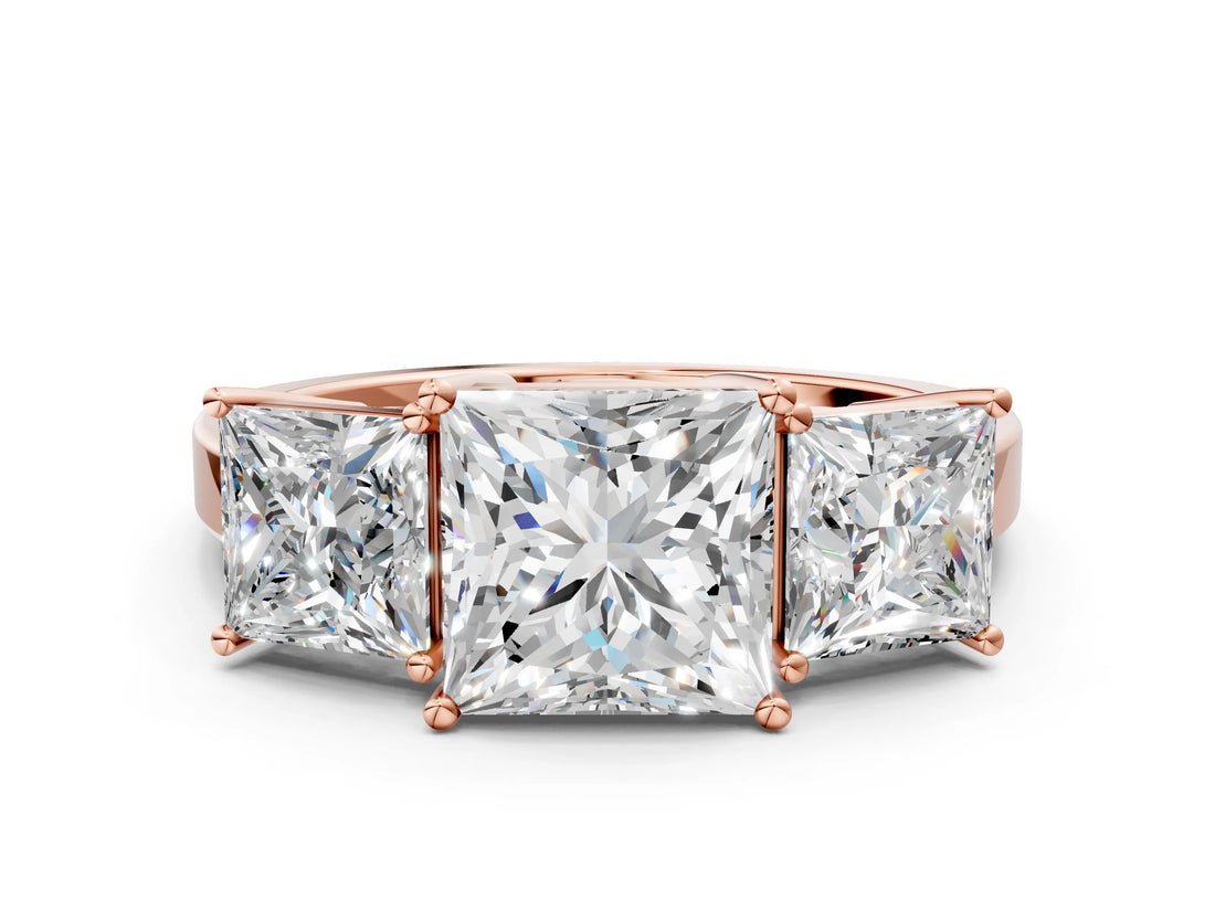 Rose gold Three-Stone Princess Cut Cut Diamond Engagement Ring with Flat Band and Four-Prong Setting_15