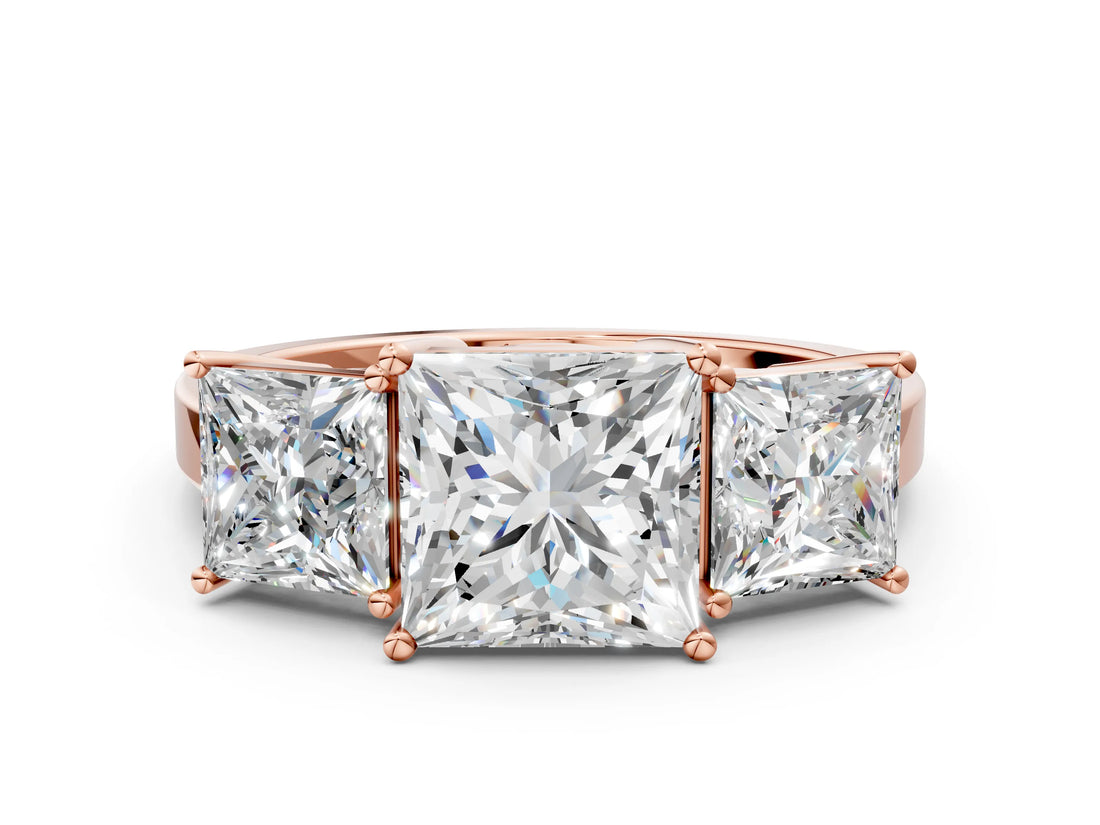 Rose gold Three-Stone Princess Cut Cut Diamond Engagement Ring with Flat Band and Four-Prong Setting_3