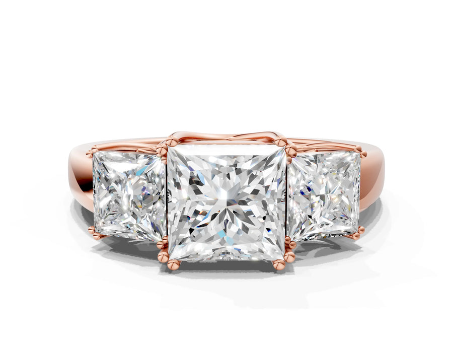 Rose gold Three-Stone Princess Cut Cut Diamond Ring with Channel Set Band and Four-Prong Setting
