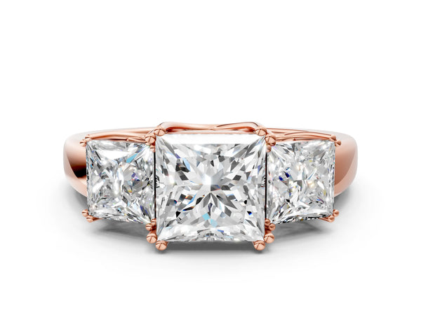Rose gold Three-Stone Princess Cut Cut Diamond Ring with Channel Set Band and Four-Prong Setting
