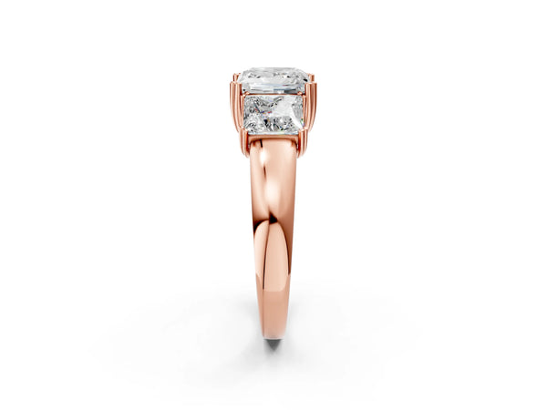 Rose gold Three-Stone Princess Cut Cut Diamond Ring with Channel Set Band and Four-Prong Setting