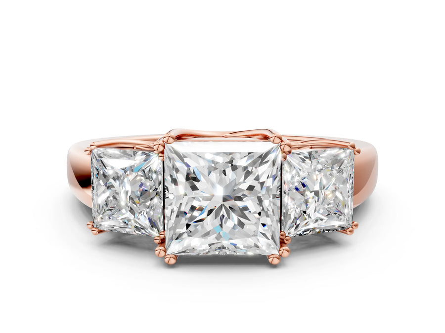 Rose gold Three-Stone Princess Cut Cut Diamond Ring with Channel Set Band and Four-Prong Setting
